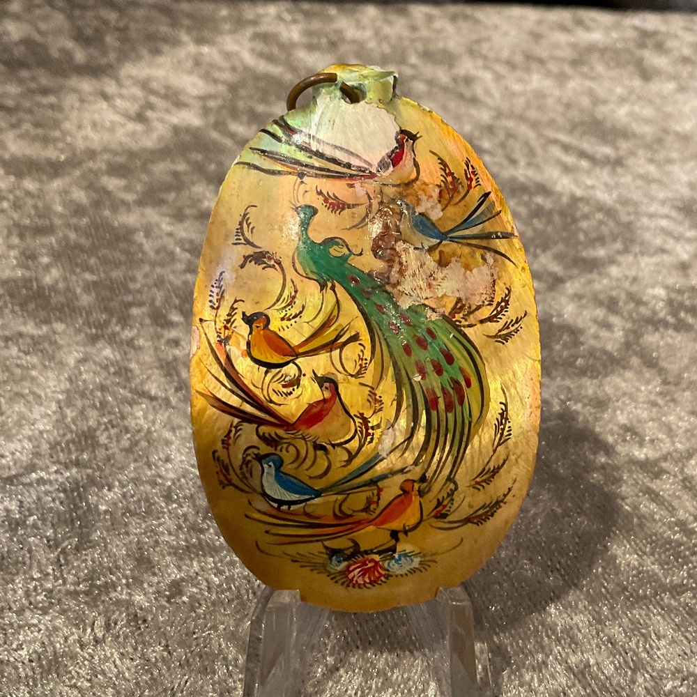 Vintage Yellow and Green Peacock Oval Shell Pendant